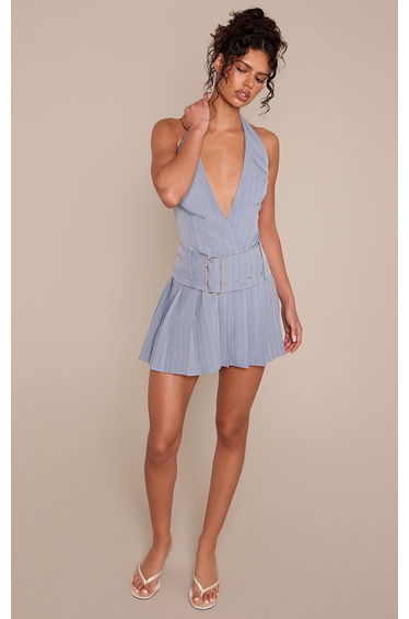 Blue Pinstripe Halterneck Belted Shift Dress