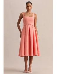 Camoria | Coral Boucle Square-Neck Midi Dress