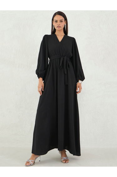Black Solid V Neck Wrap Look A-Line Maxi Dress