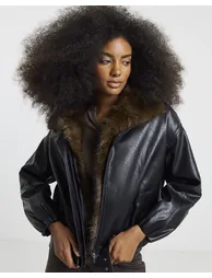 Fur Collar Quilted Faux Leather Jacket - 4