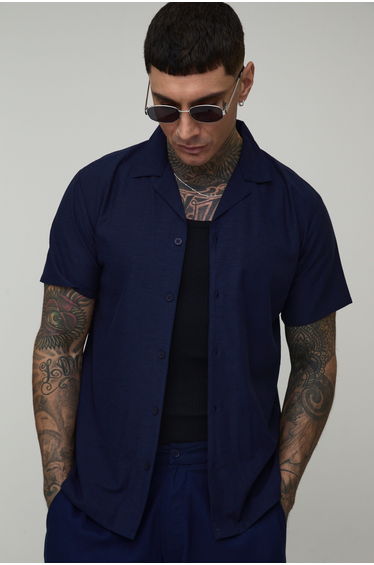 Tall Regular Short Sleeve Linen Blend Shirt - navy