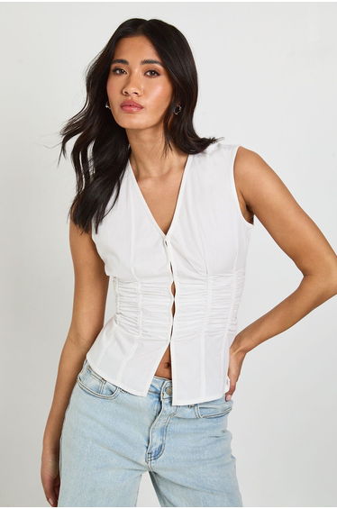 Cinch Poplin Sleeveless Top - white