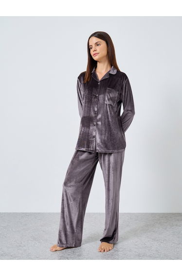 Velvet Button Placket Shirt and Pyjama Set