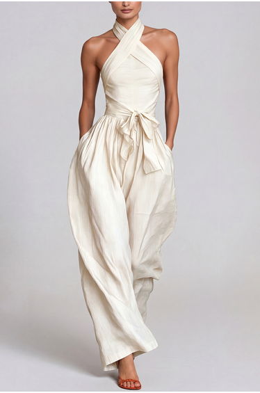 Hermanus Halter Neck Tie Up Baggy Jumpsuit In White