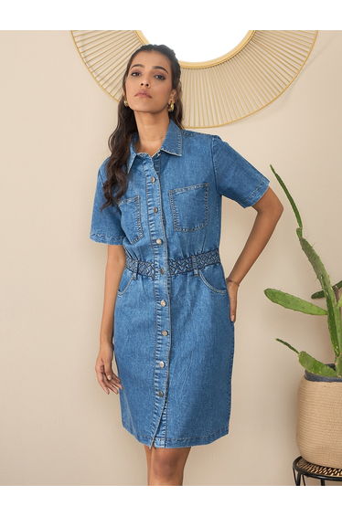Blue Denim Mini Dress with Button Detail