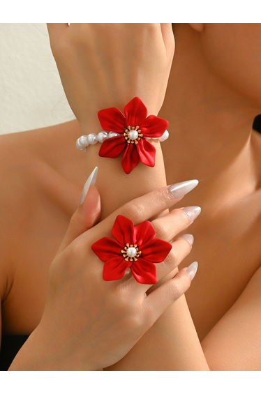 Red Flower Ring and Bracelet Sets
