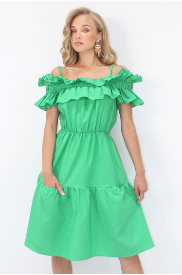 Women's Green Adjustable Straps Double Pocket Poplin Mini Dress