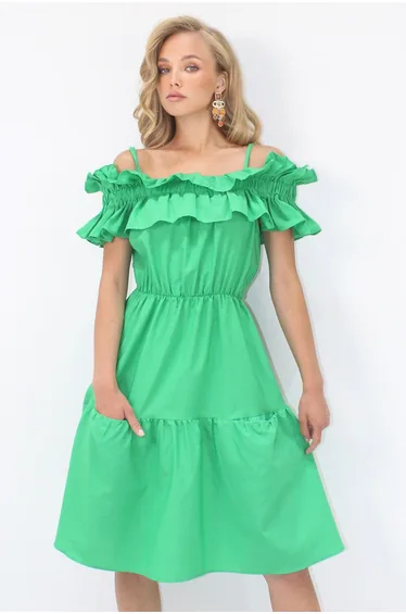 Women's Green Adjustable Straps Double Pocket Poplin Mini Dress