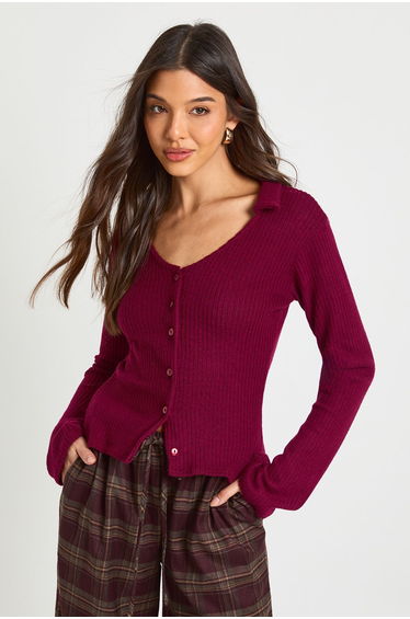 Soft Brushed Rib V Neck Button Through Collared Top - berry