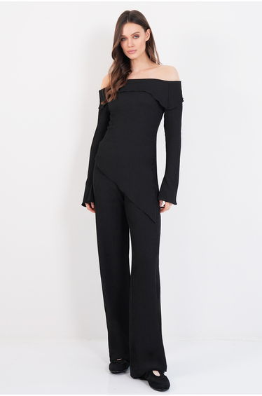 Women's Black Carmen Collar Asymmetric Cut Blouse and Palazzo Pants Sets