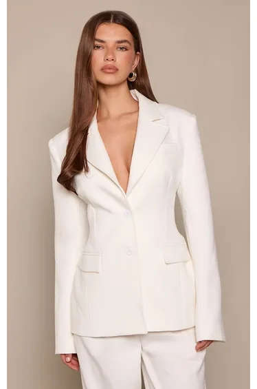 White Tailored Woven Cinched Waist Plunge Blazer