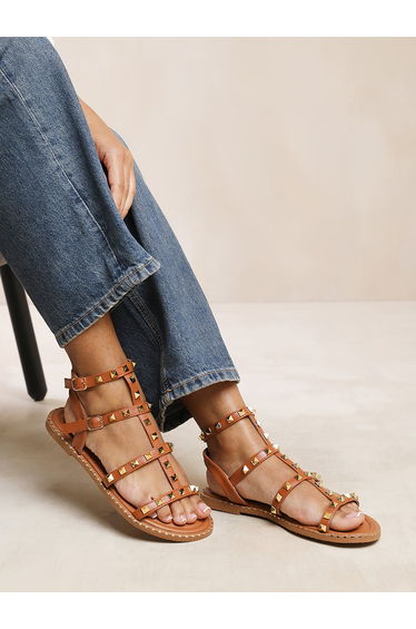 Lissy Studded Gladiator Flat Sandals In Tan Faux Leather