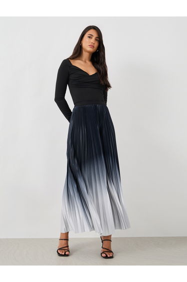 Ambre Print Pleated A-Line Maxi Skirt