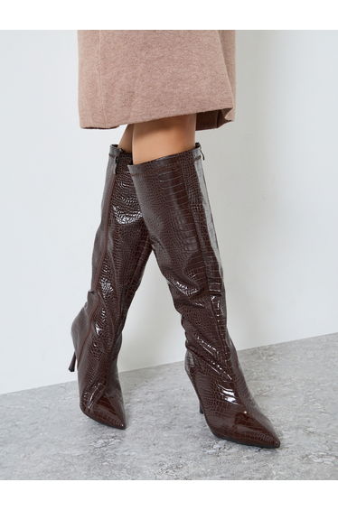 Brown Textured Knee High Boots