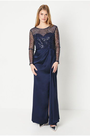 Debut London by Coast Long Sleeve Satin Skirt Prom Dress - navy