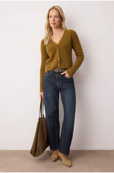 Oil green wardrobe essentials crop button detailed soft textured wool knit cardigan