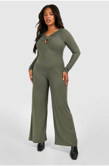 Plus Rib Key Hole Detail Unitard - olive