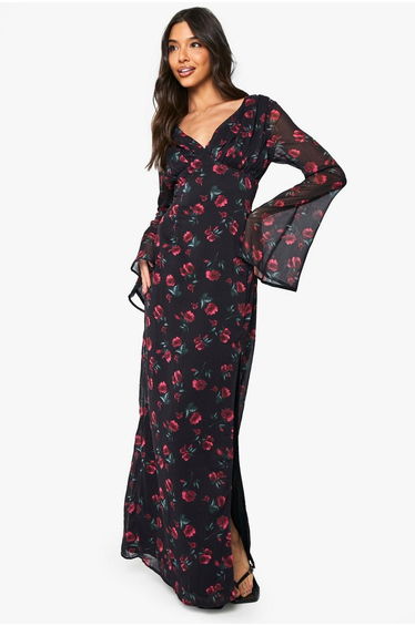 Floral Chiffon Plunge Maxi Dress - black