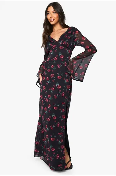 Floral Chiffon Plunge Maxi Dress - black