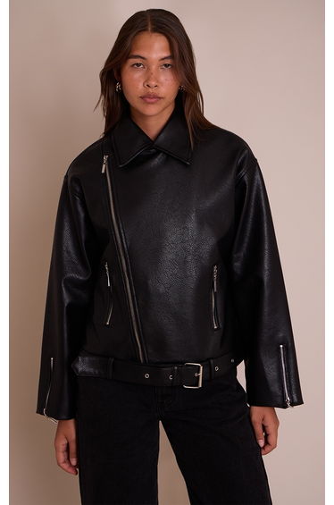 Black Faux Leather Oversized Biker Style Jacket