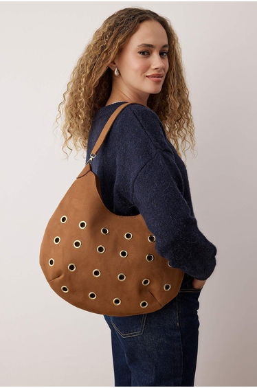 Tan Suede Eyelet Detailed Women's Shoulder Bag
