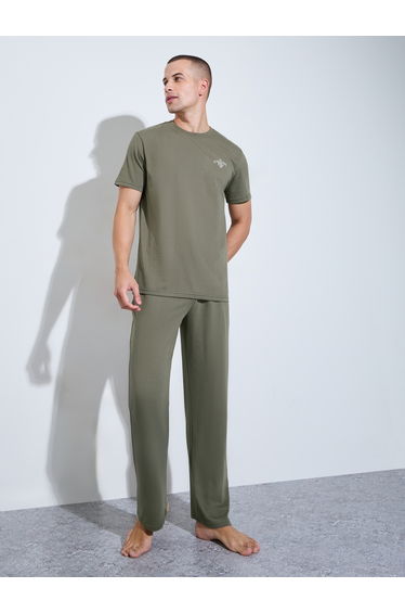 Men Olive Graphic Print Relaxed Fit Pyjama Set