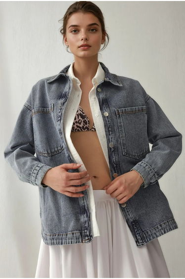 BDART Oversized Denim Jacket with Shirt Collar and Pockets