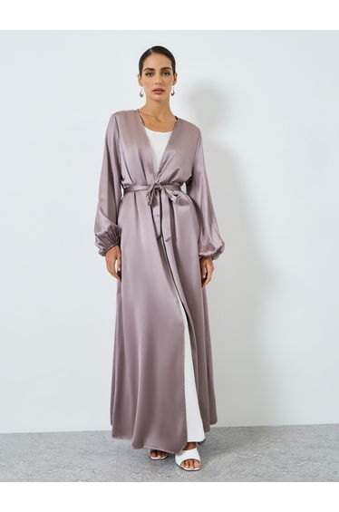 Women Lilac Solid Long Sleeve Stain Abaya