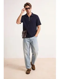 Navy Blue Loose Fit Textured Zippered Polo Collar T-Shirt