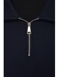 Navy Blue Loose Fit Textured Zippered Polo Collar T-Shirt - 1