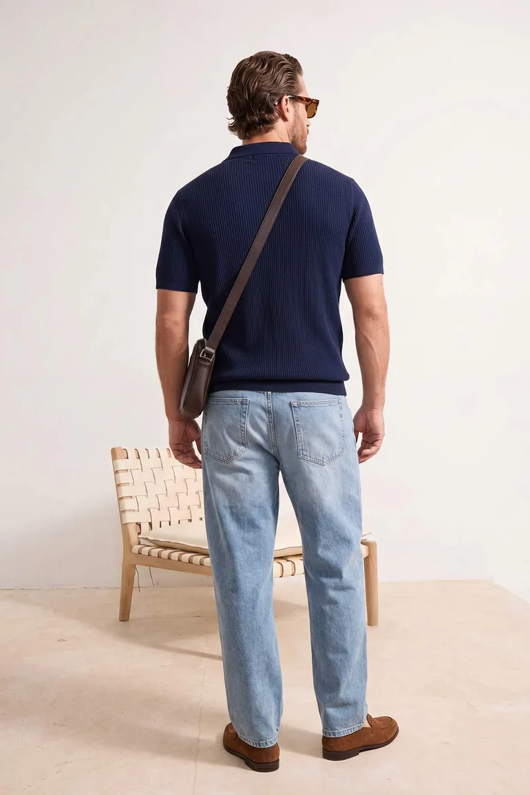 Navy Blue Loose Fit Textured Zippered Polo Collar T-Shirt - 5