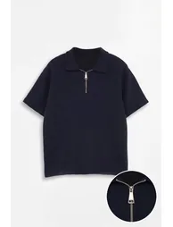Navy Blue Loose Fit Textured Zippered Polo Collar T-Shirt - 3