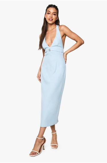 Tailored Buckle Detail Halter Neck Midi Dress - blue