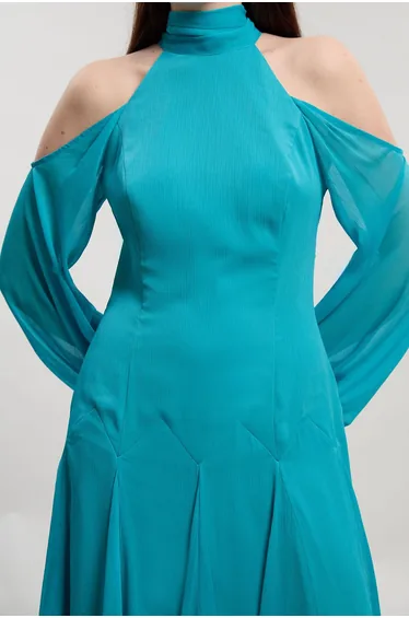 Crinkle Georgette High Neck Cold Shoulder Woven Maxi Dress