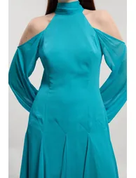 Crinkle Georgette High Neck Cold Shoulder Woven Maxi Dress - 1