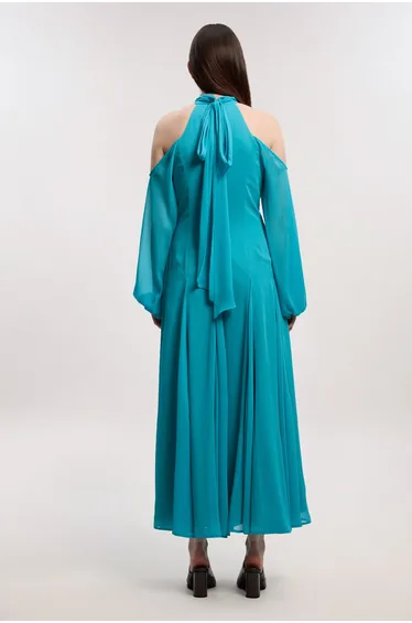 Crinkle Georgette High Neck Cold Shoulder Woven Maxi Dress