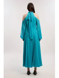 Crinkle Georgette High Neck Cold Shoulder Woven Maxi Dress - 2