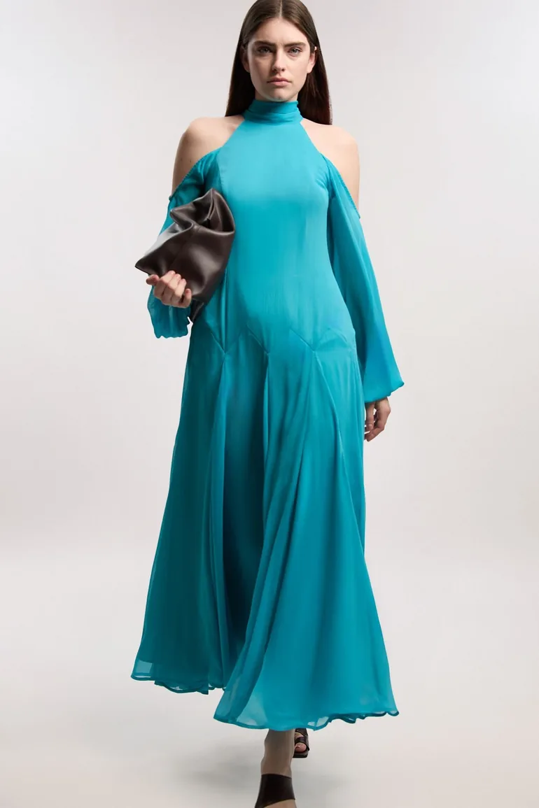 Crinkle Georgette High Neck Cold Shoulder Woven Maxi Dress