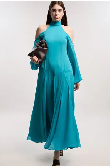 Crinkle Georgette High Neck Cold Shoulder Woven Maxi Dress