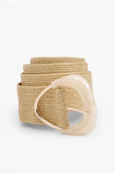 Gemstone Buckle Raffia Belt - beige