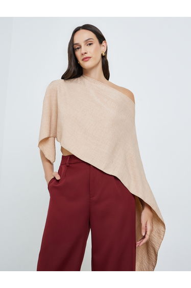 Beige One-Shoulder Cape Detail Blouse