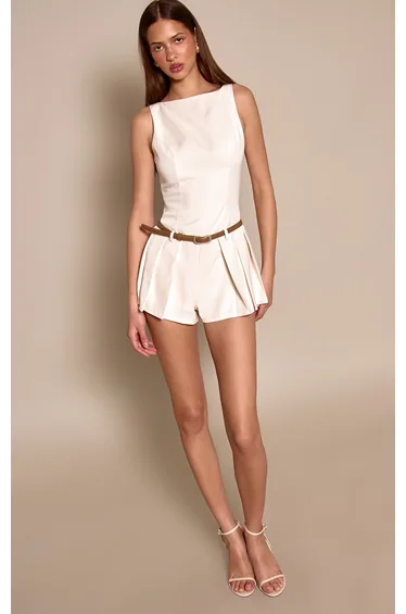 Cream Woven Belt Detail Pleated Skort Playsuit
