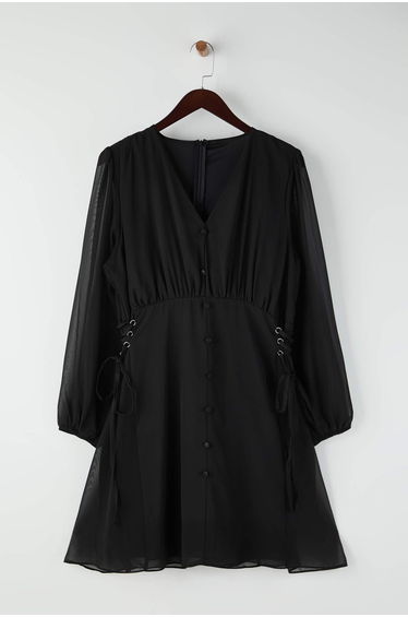 Black Eyelet Detail Button Lined Chiffon Woven Dress