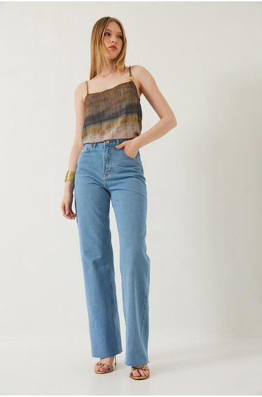 Women's Straight Wide High Waist Leg Cut Long Denim Washed Trousers