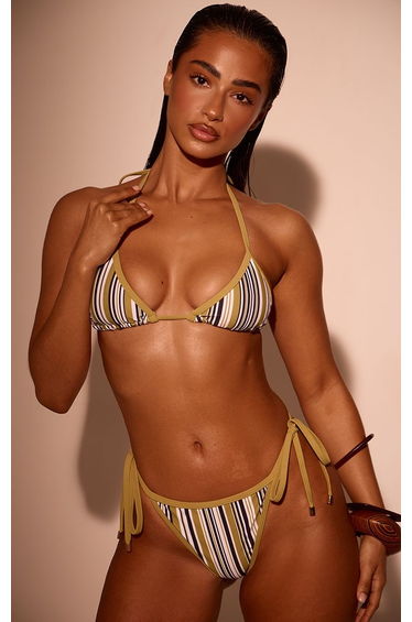Olive Striped Print Fixed Tie Side Bikini Bottoms