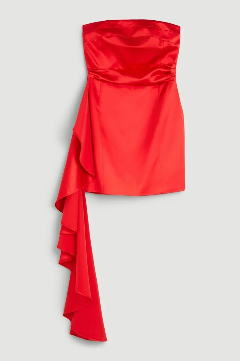 Italian Structured Satin Ruffle Drape Bandeau Mini Dress - 3