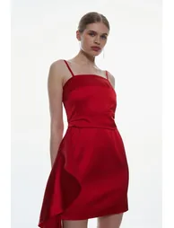 Italian Structured Satin Ruffle Drape Bandeau Mini Dress - 1