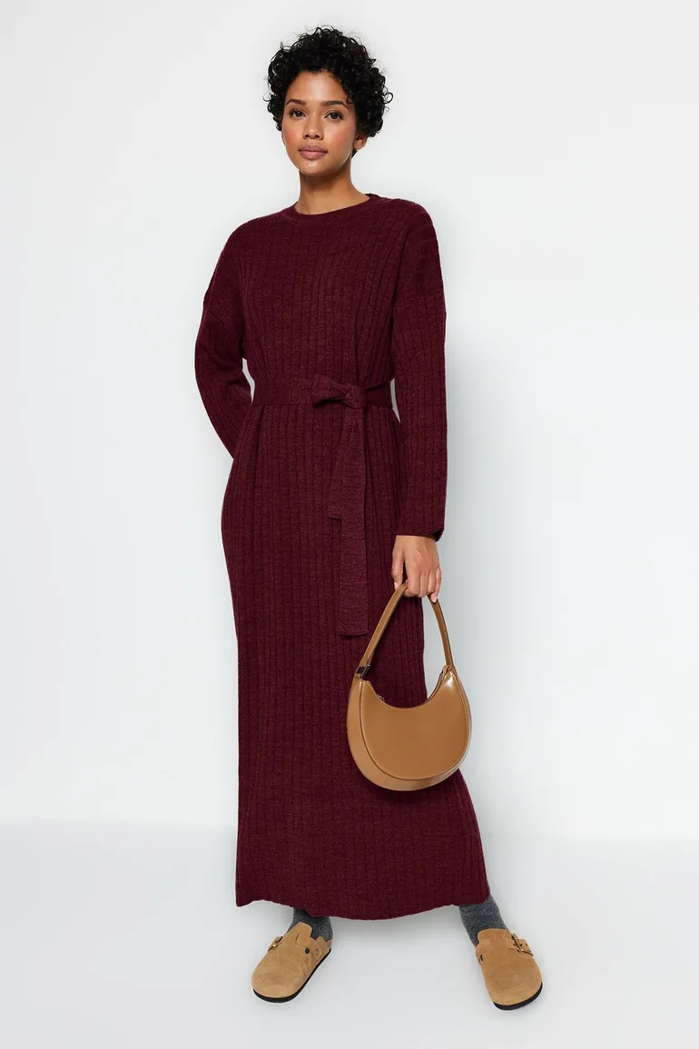 Burgundy Belted Rib Knit Dress - 1