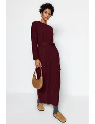 Burgundy Belted Rib Knit Dress - 2
