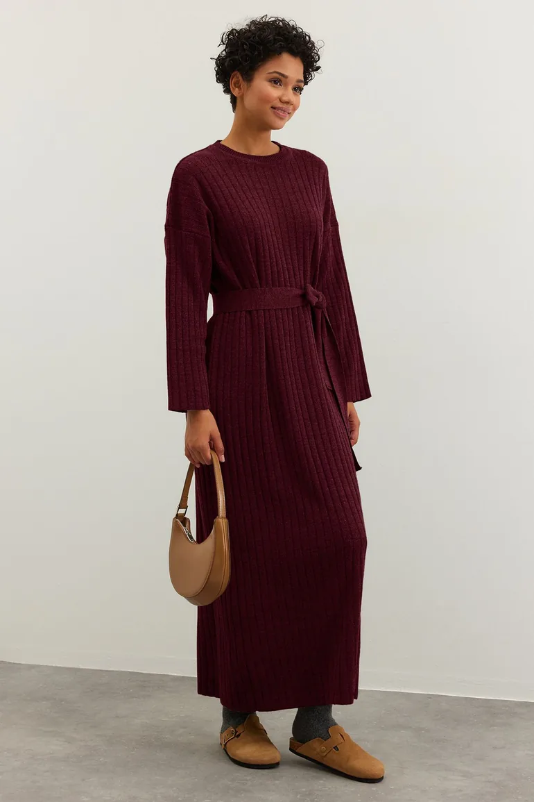 Burgundy Belted Rib Knit Dress - 4